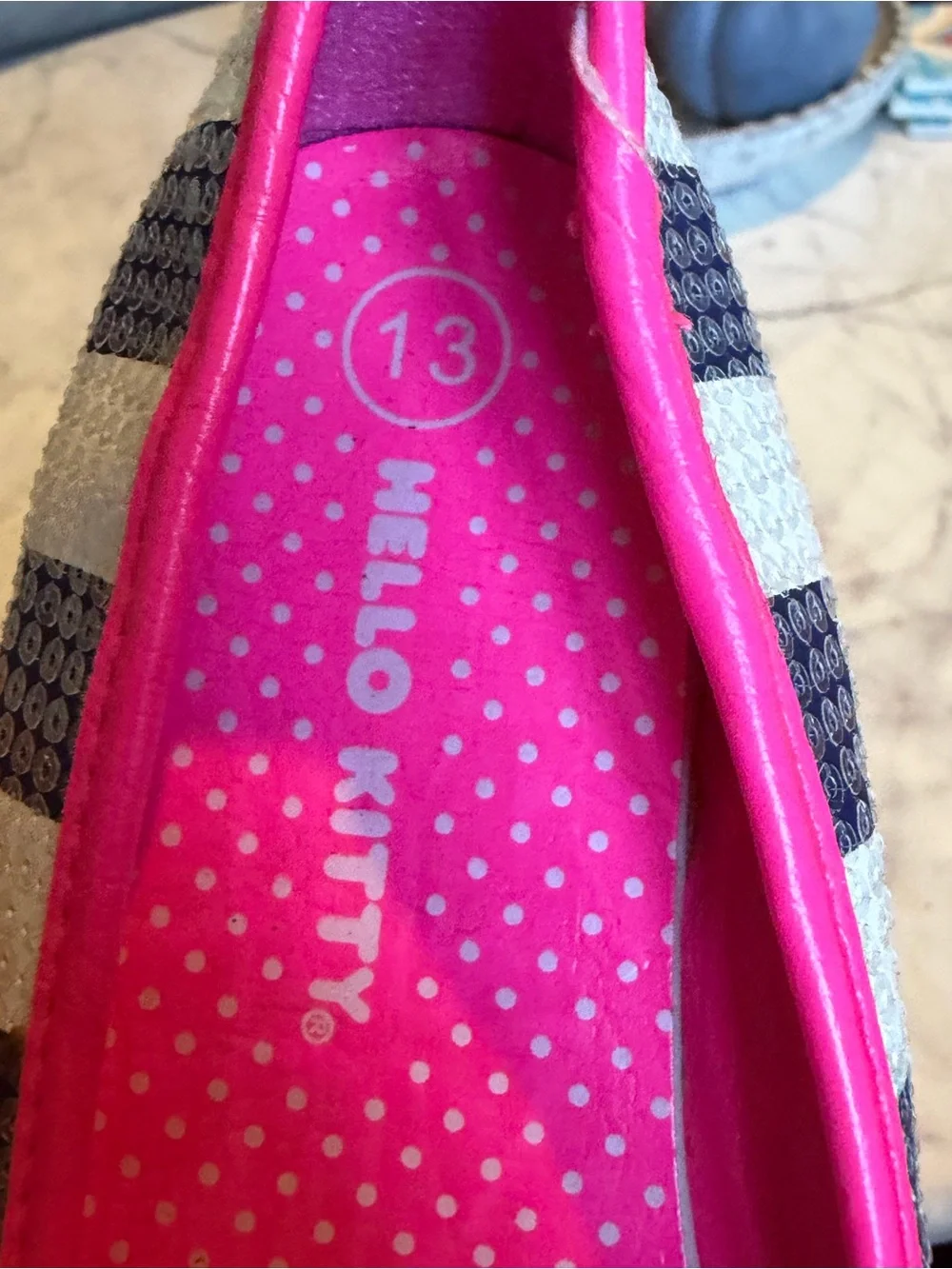 Hello Kitty Kids' Sparkly Navy & White Striped Slip-On Flats with Pink Trim 13